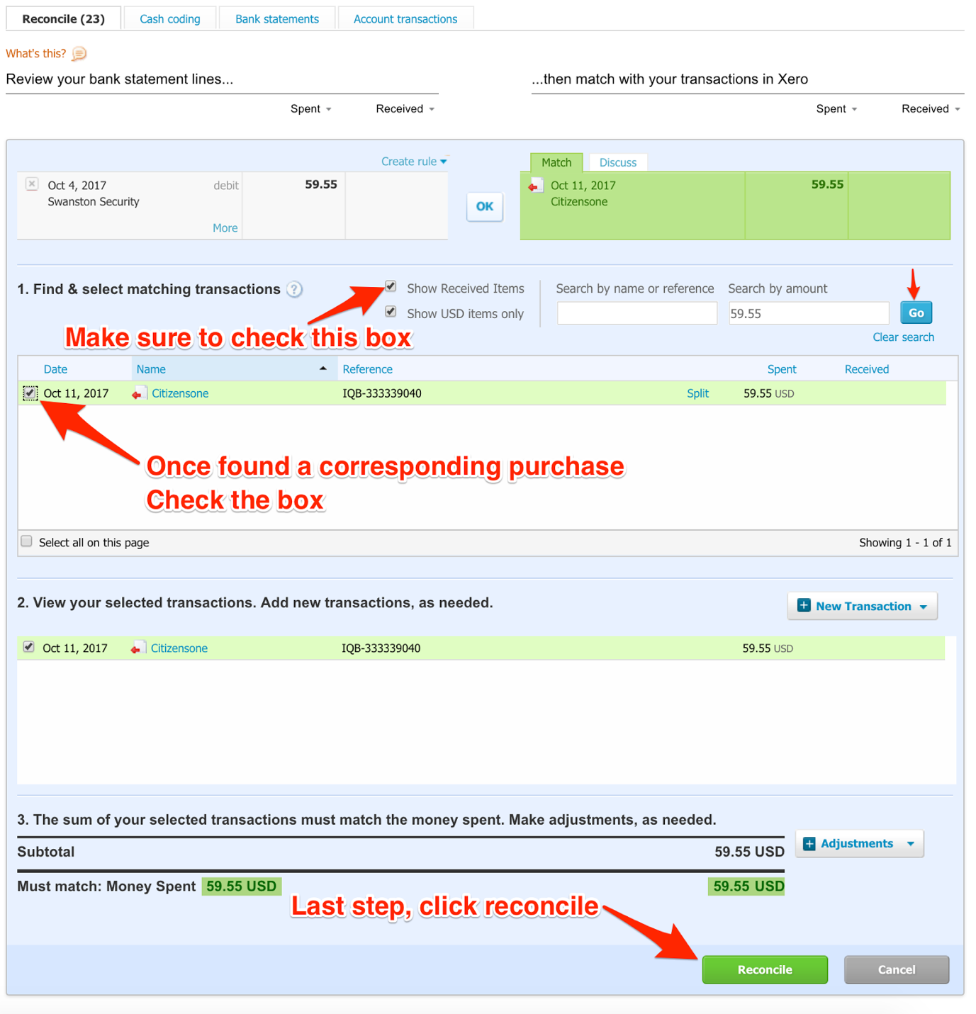 Manual Match in Xero