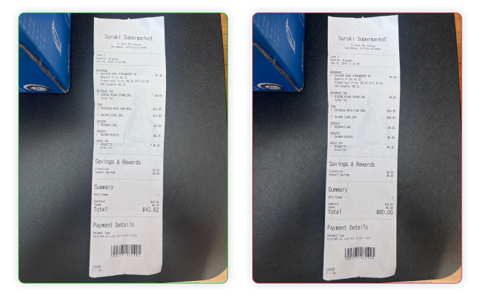 Real Receipt (Total $43.62)    vs  Fake Receipt (Total $80.00)