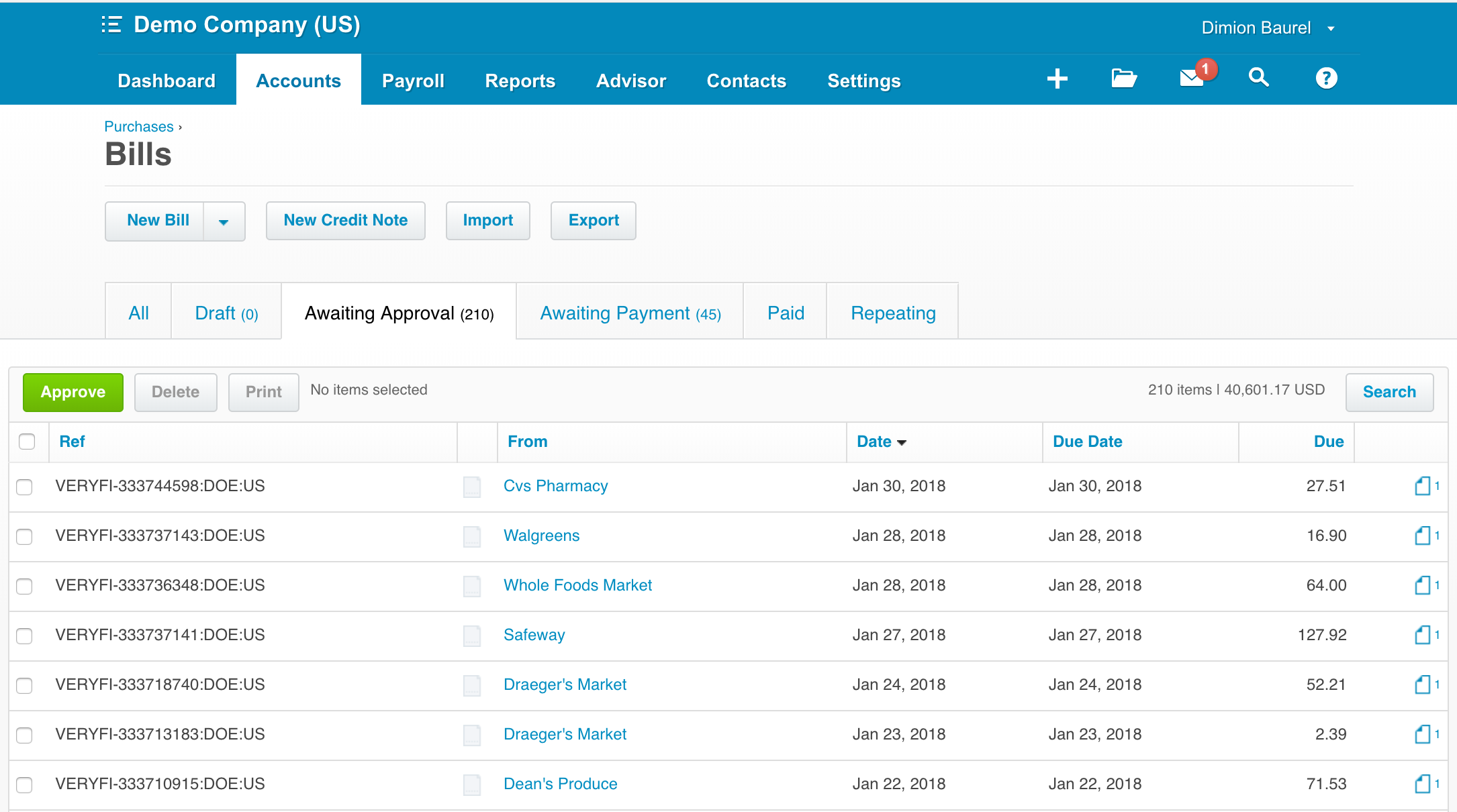 Veryfi Receipts in Xero Purchases