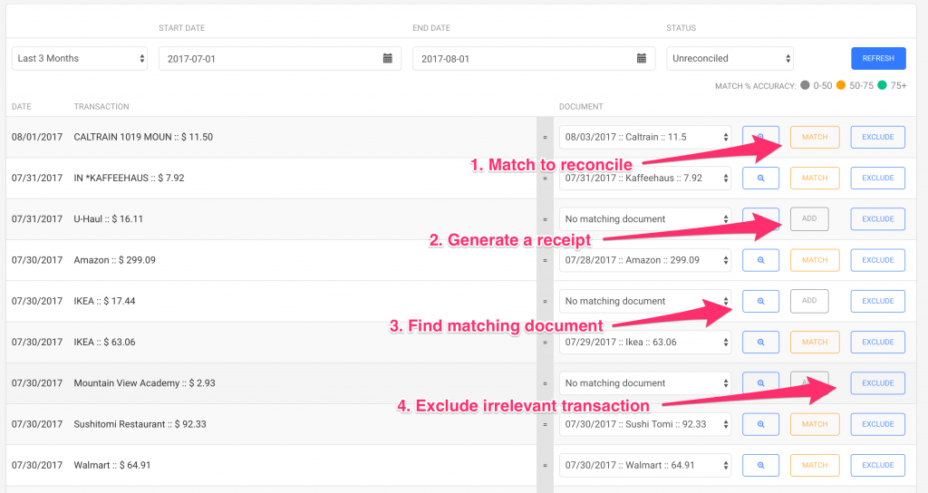 Bank Reconciliation Options in Veryfi Hub / Web Portal