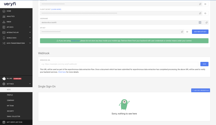 Veryfi API Portal keys settings SSO integration