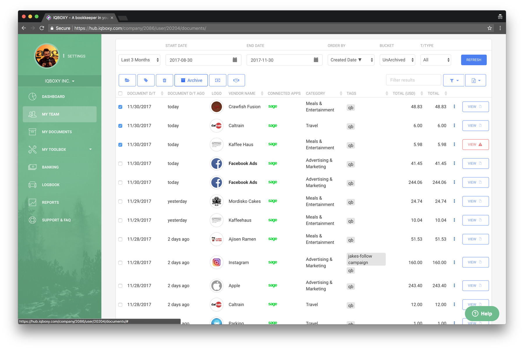 Documents view showing Sage Connected App