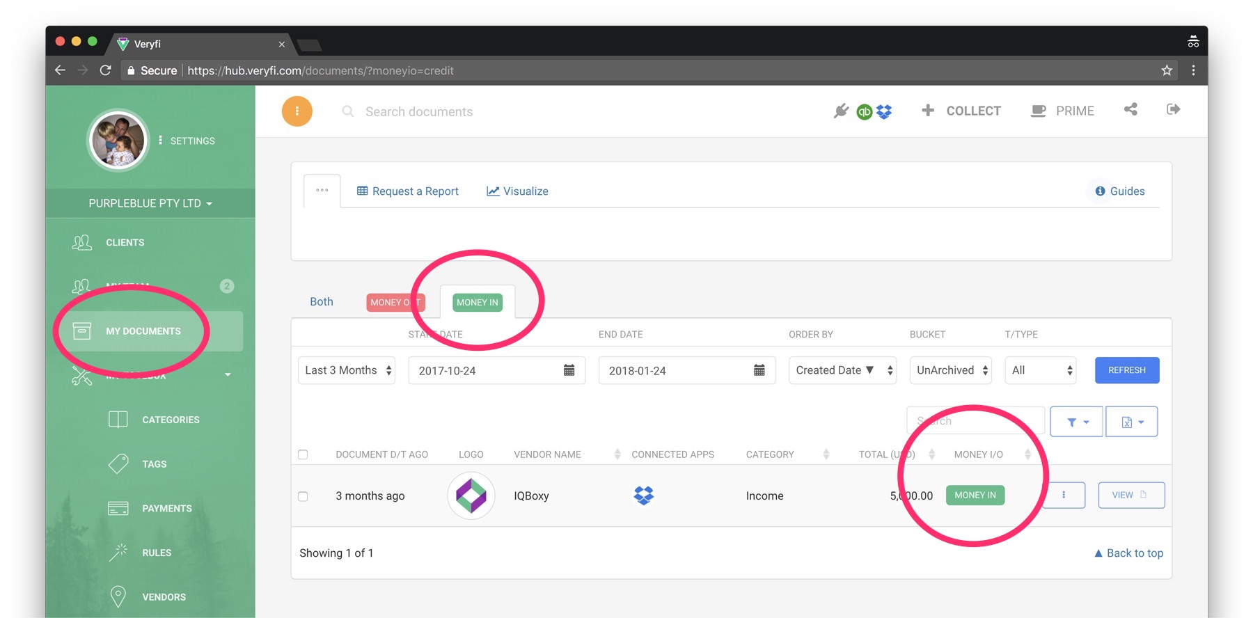 Money In & Money Out filters in Documents view