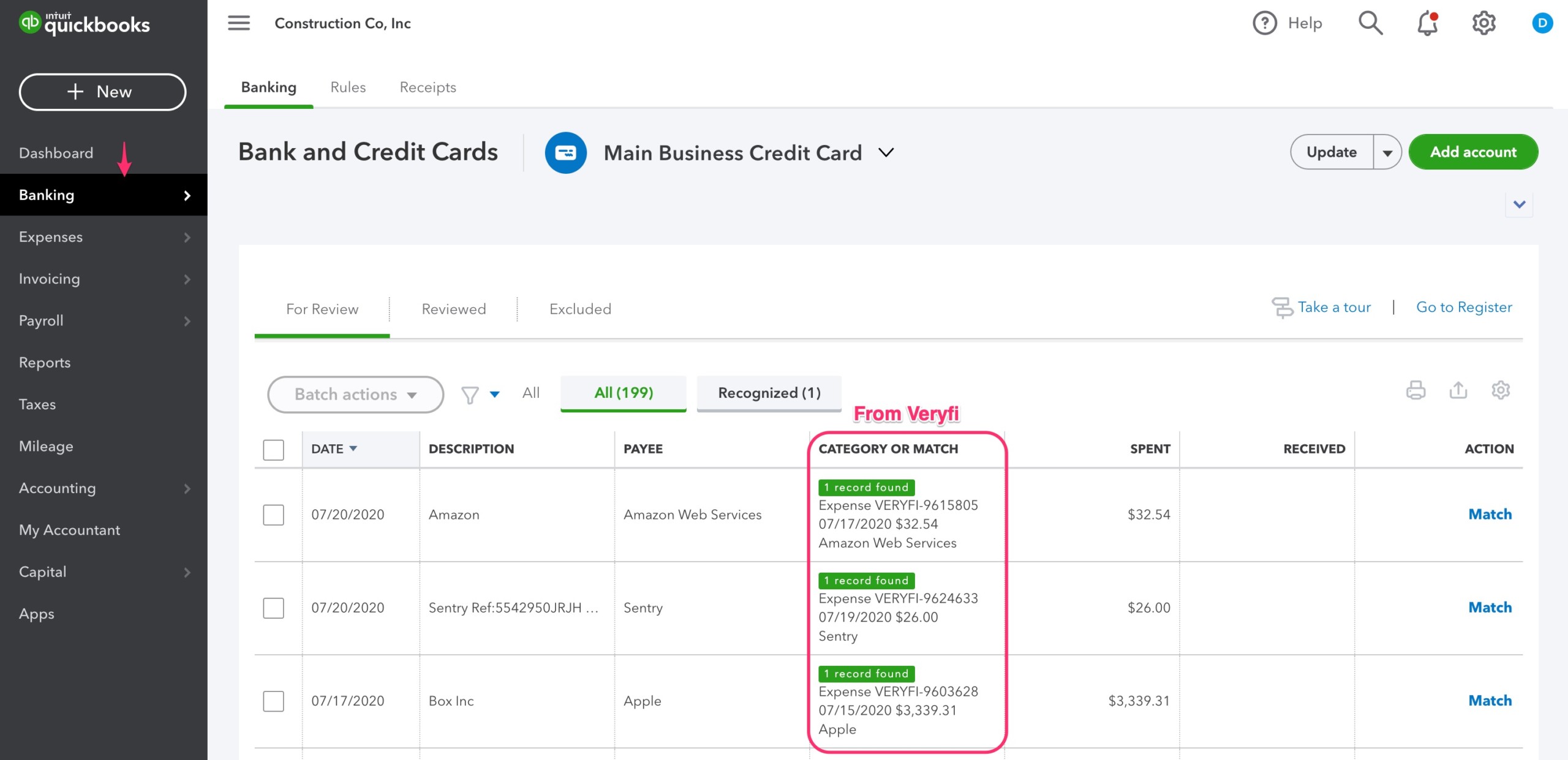 match expenses from Veryfi to bank transactions in quickbooks 