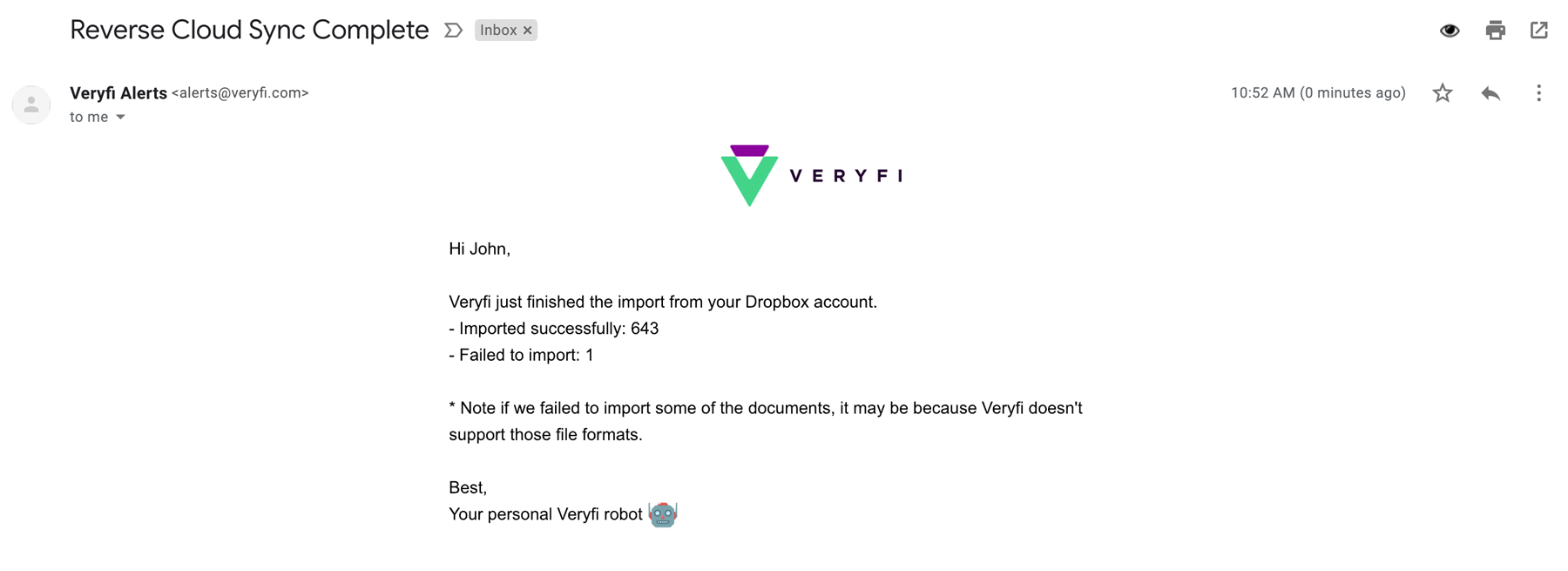 Veryfi Alert sent to your inbox to inform you of a completed processing