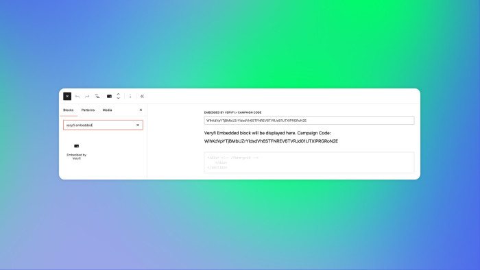 How Veryfi Embedded WordPress Plugin looks when selected from Blocks Page editor.